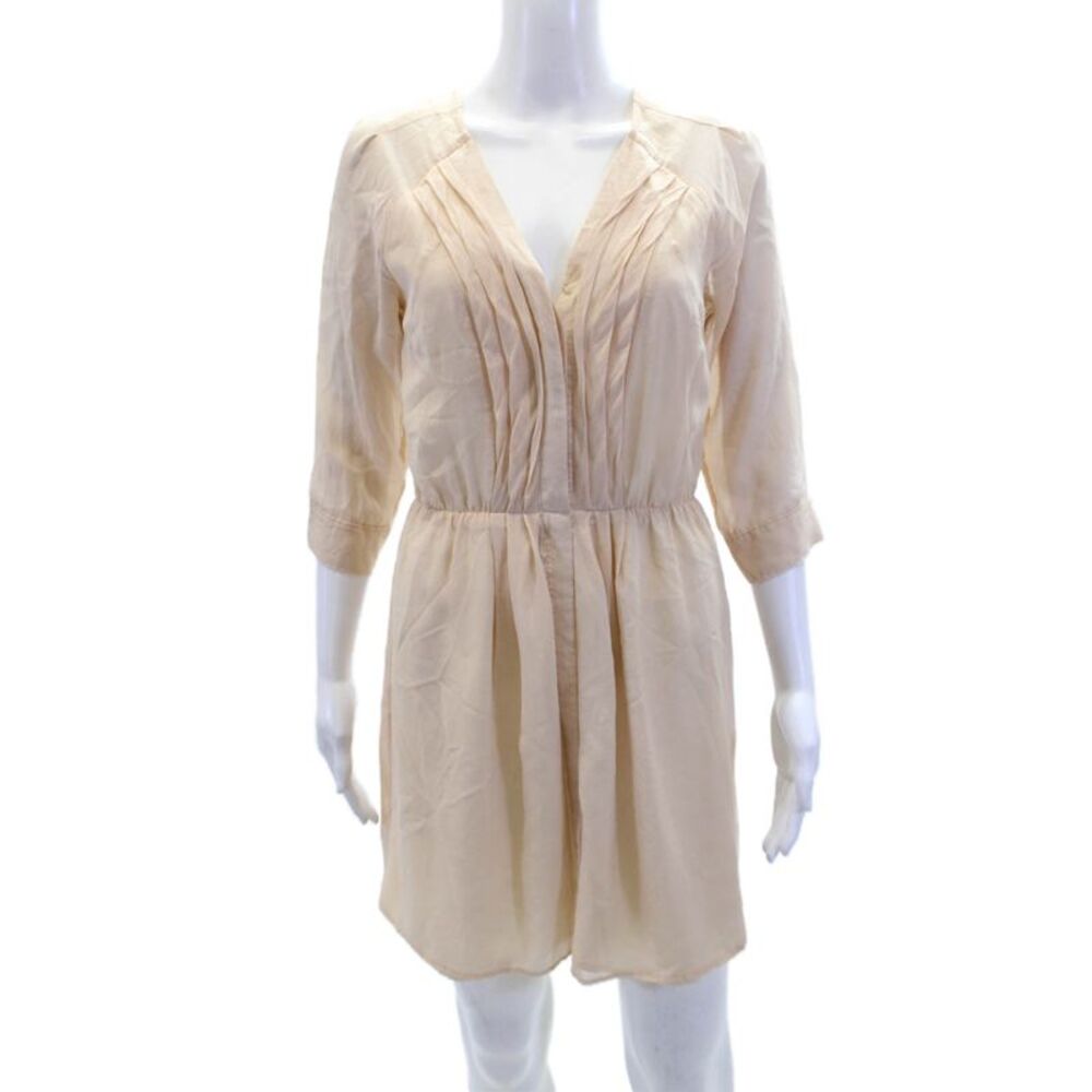 Eliot Womens Pleated V-Nekc Long Sleeve Button Up A-Line Dress Beige Size 0